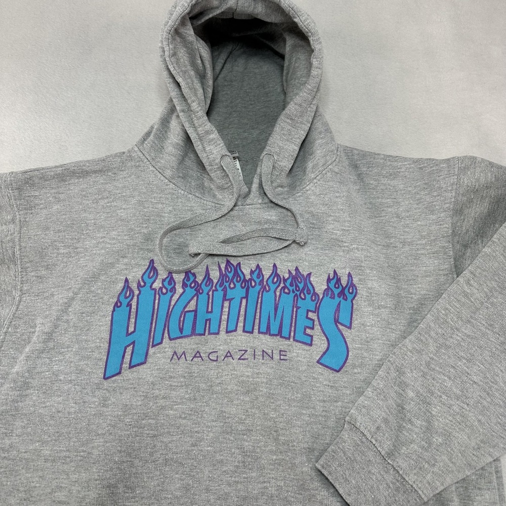 High Times Magazine Sweatshirt Mens Medium Gray Hoodie Graphic Flames Pullover